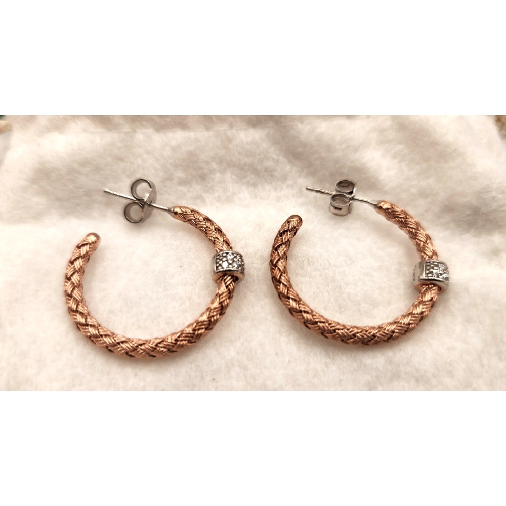 JCM ITALY Cz & Rose Toned Sterling Silver Braided Hoop Earrings 1" NEW